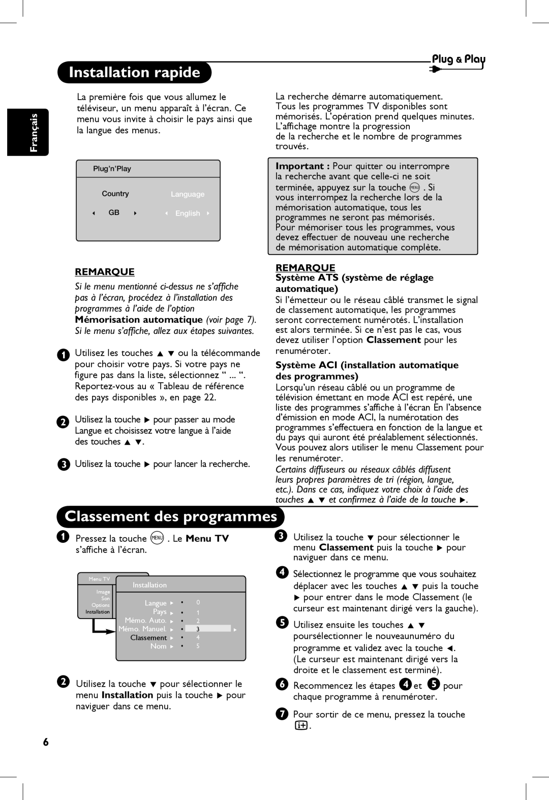 Philips 20PF, 23PF, 5121, 5321 manual Installation rapide, Classement des programmes, Remarque 