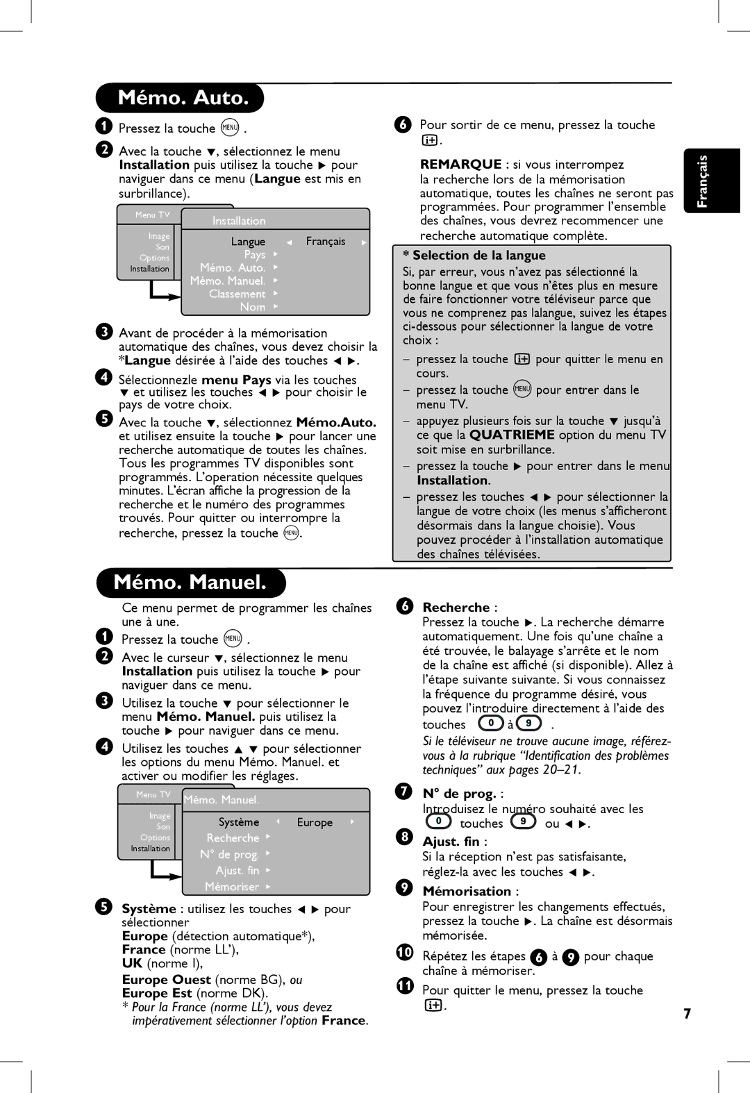 Philips 5321, 23PF, 5121, 20PF manual Mémo. Auto, Mémo. Manuel 