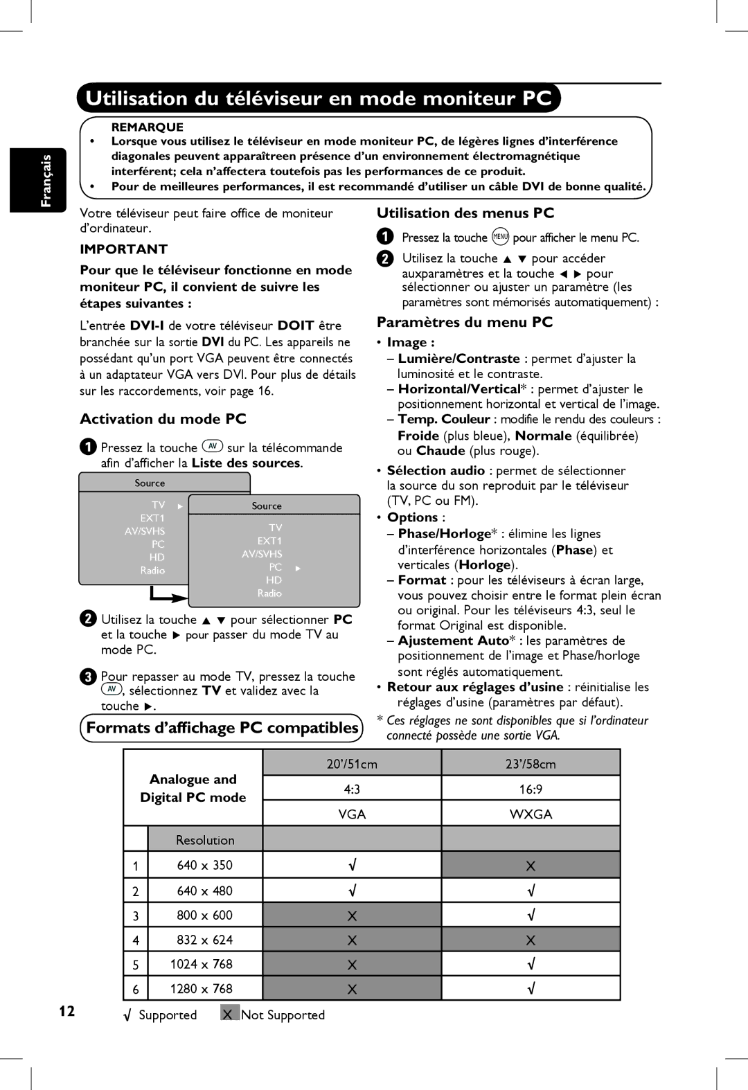 Philips 23PF, 5121 Utilisation du téléviseur en mode moniteur PC, Formats d’afﬁchage PC compatibles, Activation du mode PC 