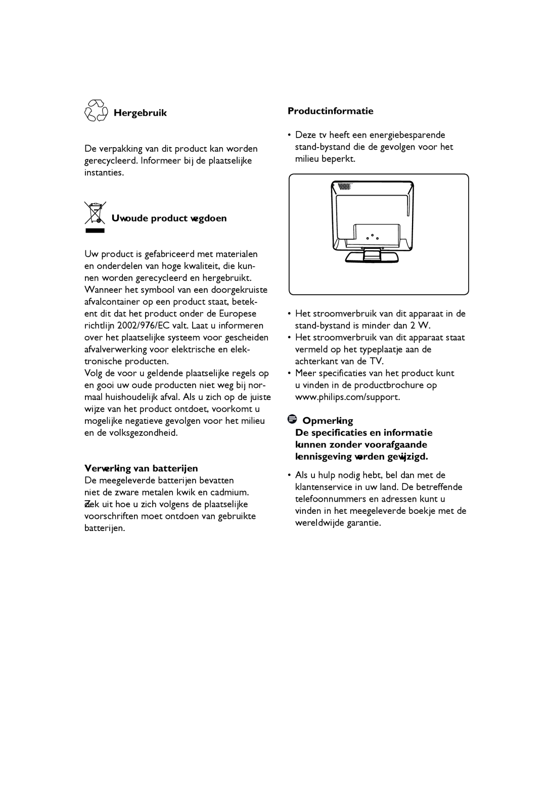 Philips 20PF, 23PF Hergebruik, Productinformatie, Uw oude product wegdoen, Verwerking van batterijen, Achterkant van de TV 