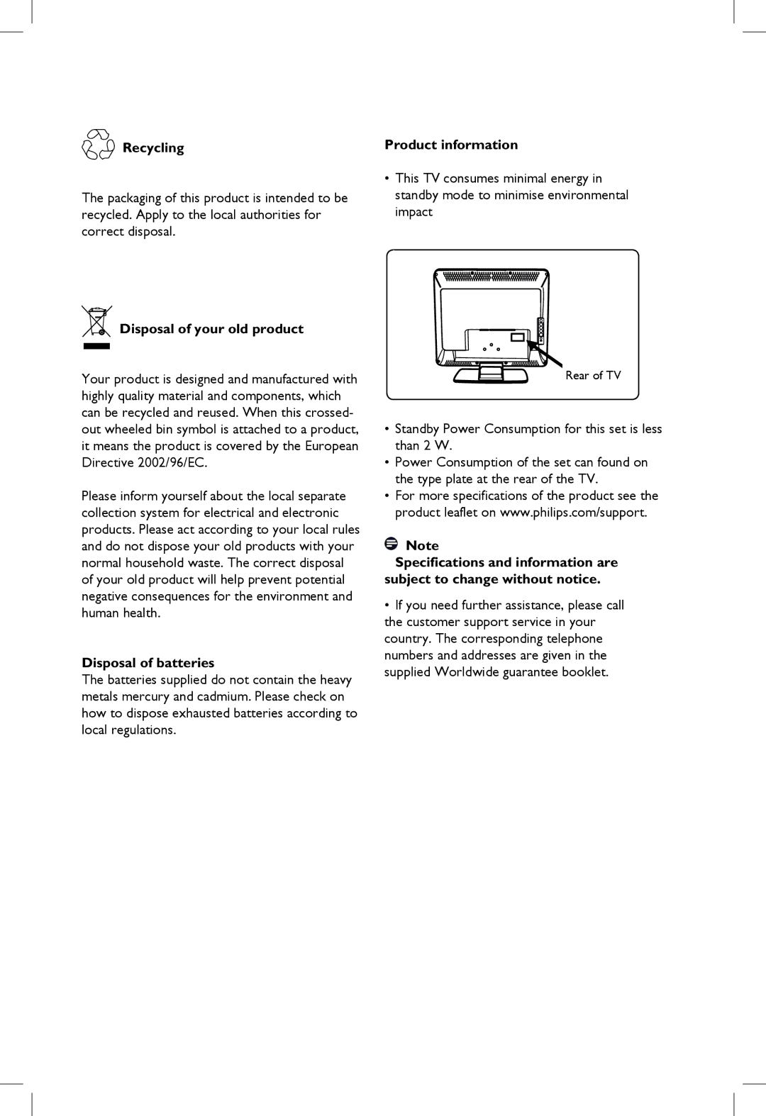 Philips 20PF, 23PF, 5121, 5321 manual Product information, Recycling, Disposal of your old product, Disposal of batteries 