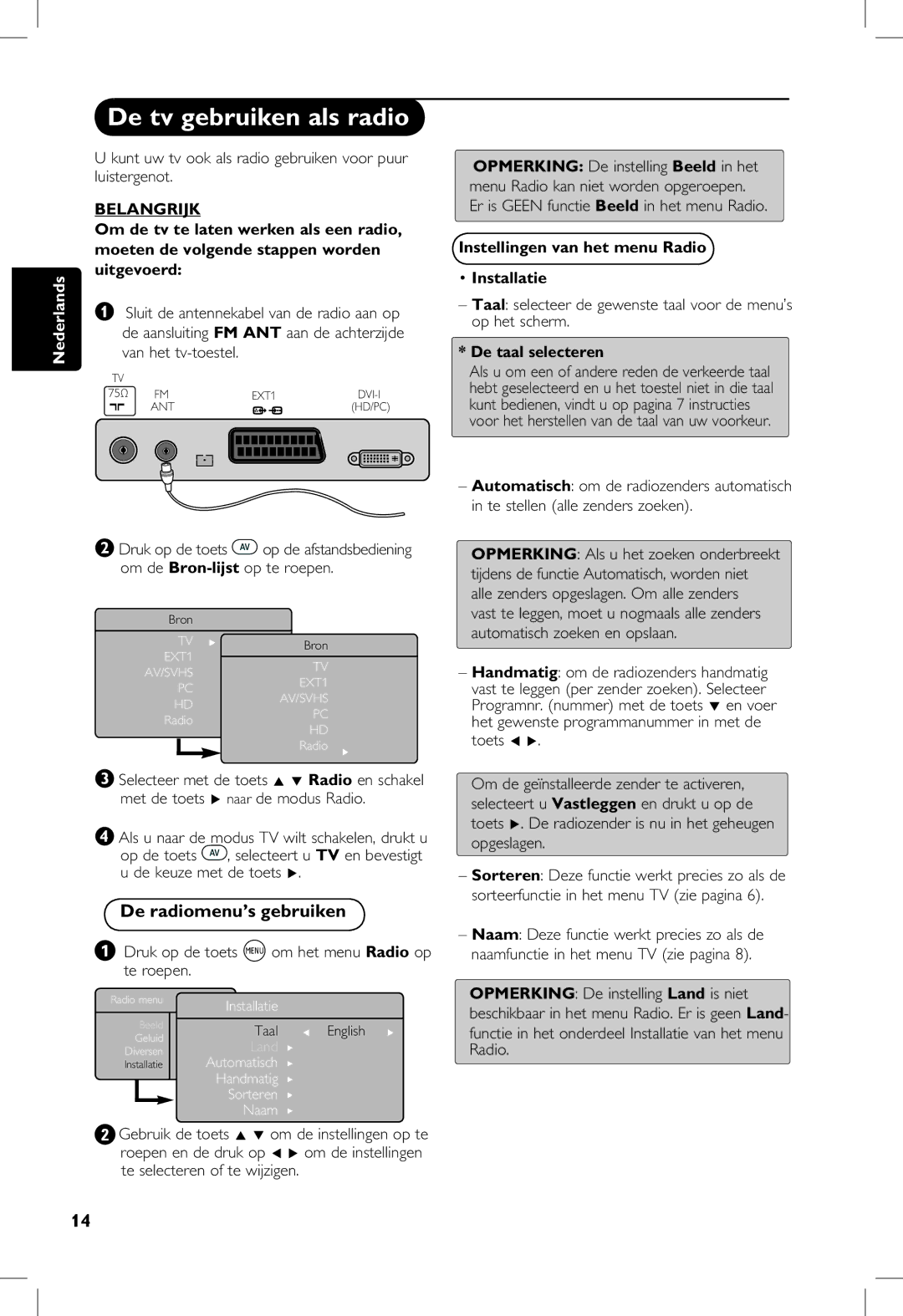 Philips 23PF, 5121, 20PF De tv gebruiken als radio, De radiomenu’s gebruiken, Instellingen van het menu Radio Installatie 