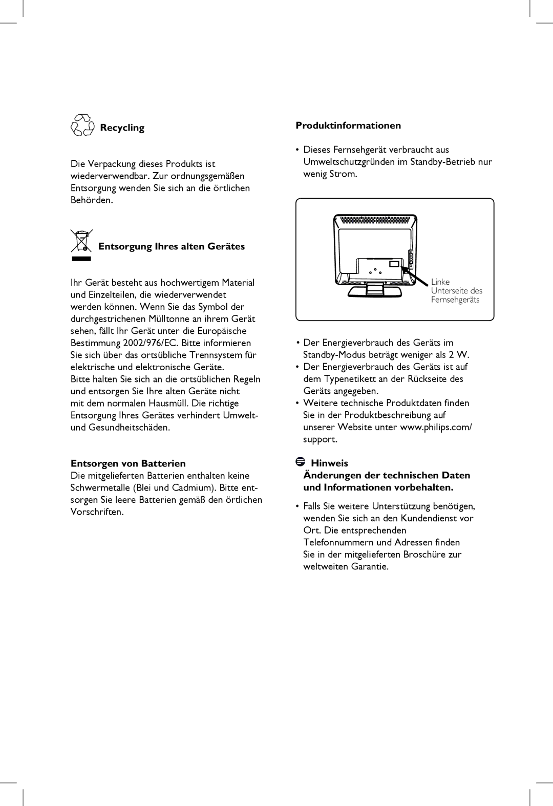 Philips 23PF, 5121, 20PF, 5321 manual Entsorgung Ihres alten Gerätes, Entsorgen von Batterien, Produktinformationen 