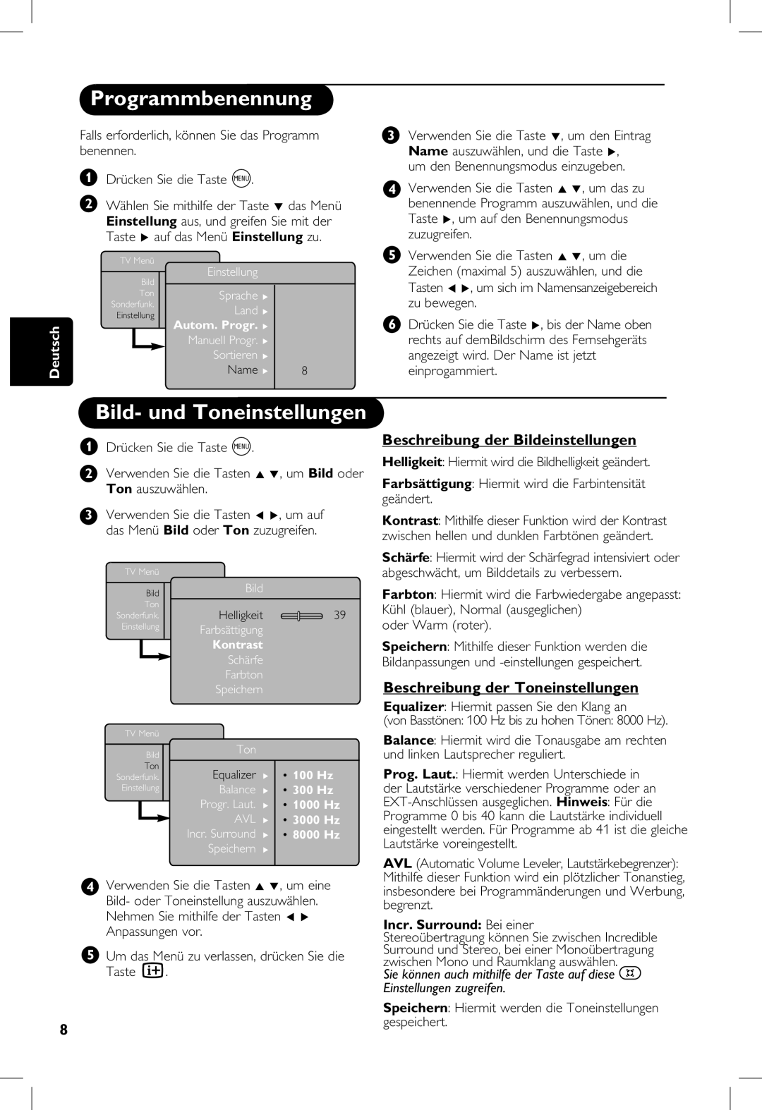 Philips 23PF Programmbenennung, Bild- und Toneinstellungen, Beschreibung der Bildeinstellungen, Incr. Surround Bei einer 