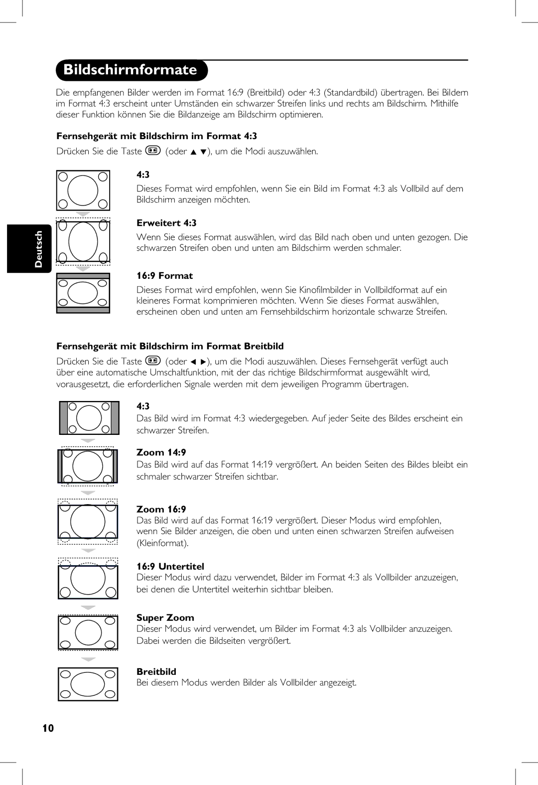 Philips 20PF, 23PF, 5121, 5321 manual Bildschirmformate 