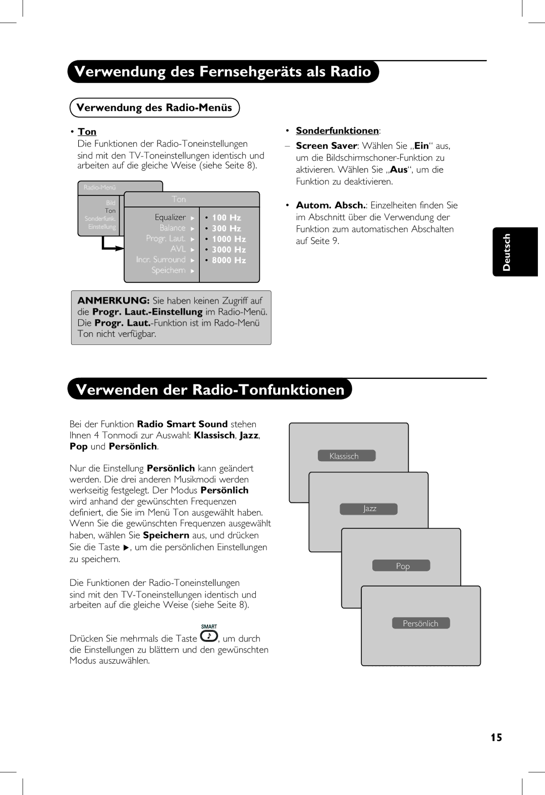 Philips 5321, 23PF, 5121, 20PF manual Verwenden der Radio-Tonfunktionen, Die Funktionen der Radio-Toneinstellungen 