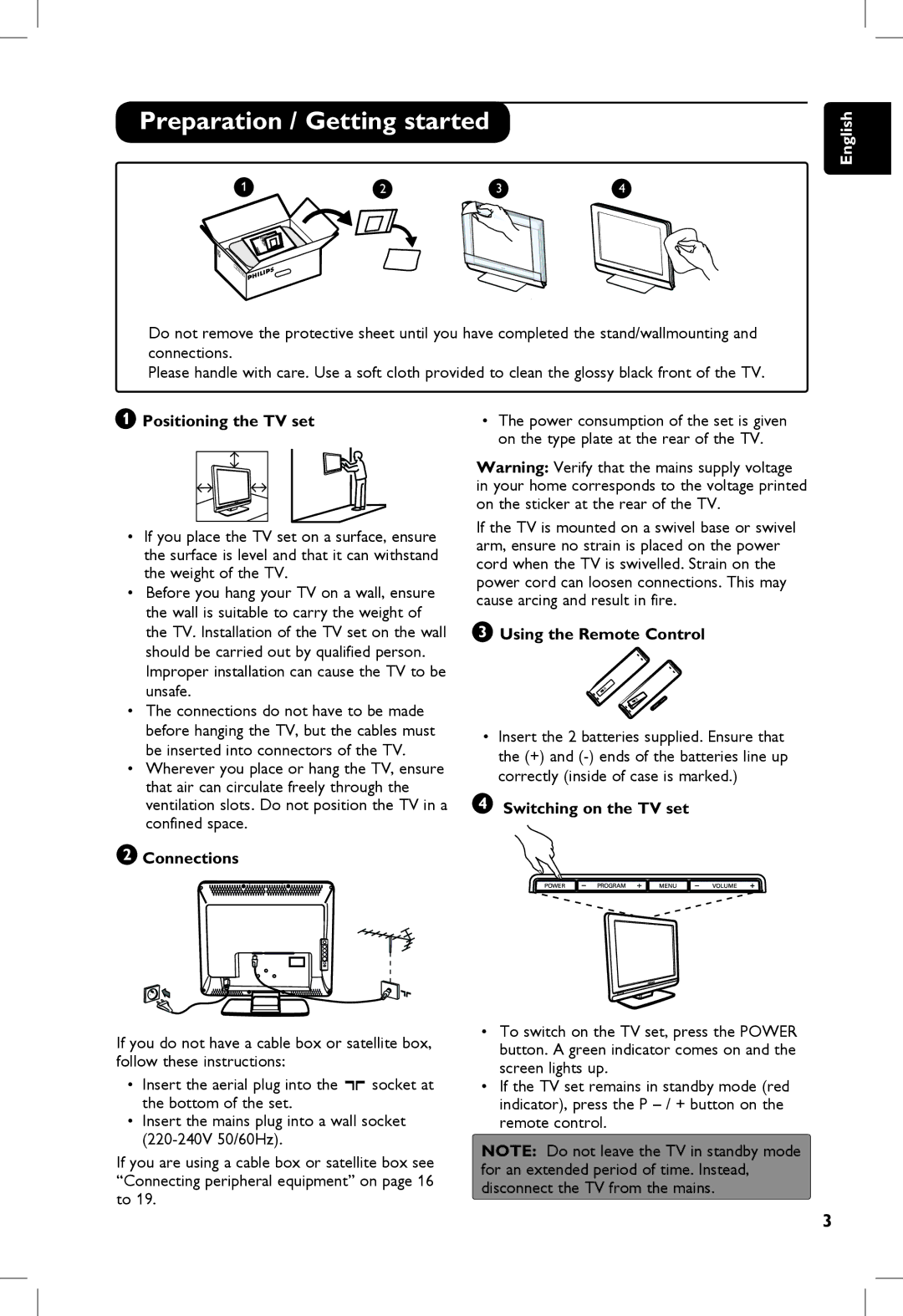 Philips 5121, 23PF, 20PF, 5321 Preparation / Getting started, Positioning the TV set, Connections, Using the Remote Control 