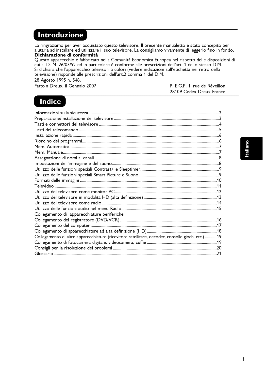 Philips 5321, 23PF, 5121 Introduzione, Indice, Dichiarazione di conformità, Collegamento di apparecchiature periferiche 