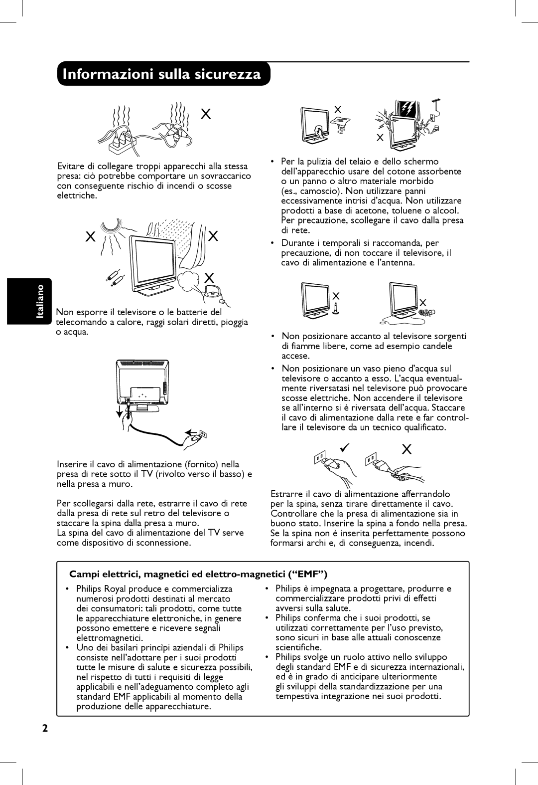 Philips 23PF, 5121, 20PF, 5321 manual Informazioni sulla sicurezza, Campi elettrici, magnetici ed elettro-magnetici EMF 