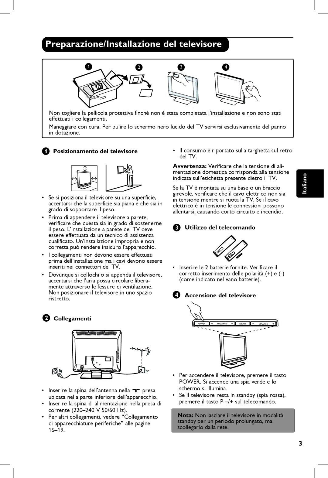 Philips 5121, 23PF, 20PF, 5321 manual Preparazione/Installazione del televisore, Posizionamento del televisore, Collegamenti 