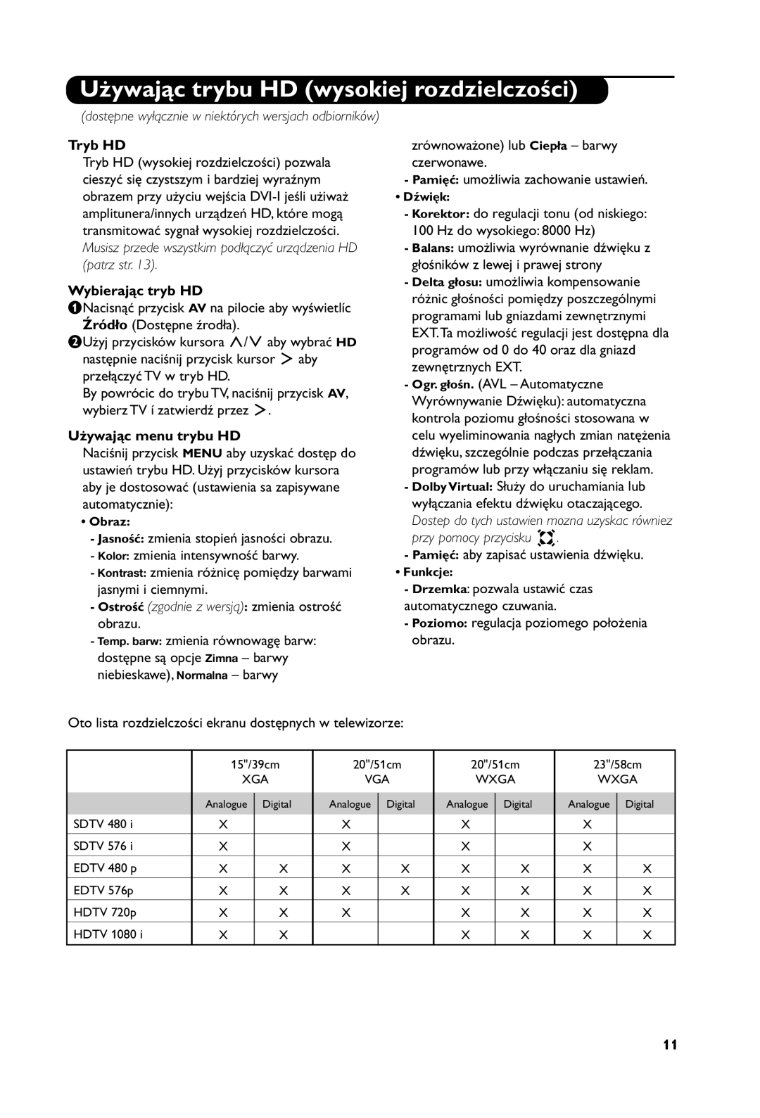 Philips 23PF5121 manual Używając trybu HD wysokiej rozdzielczości, Tryb HD, Wybierając tryb HD, Używając menu trybu HD 