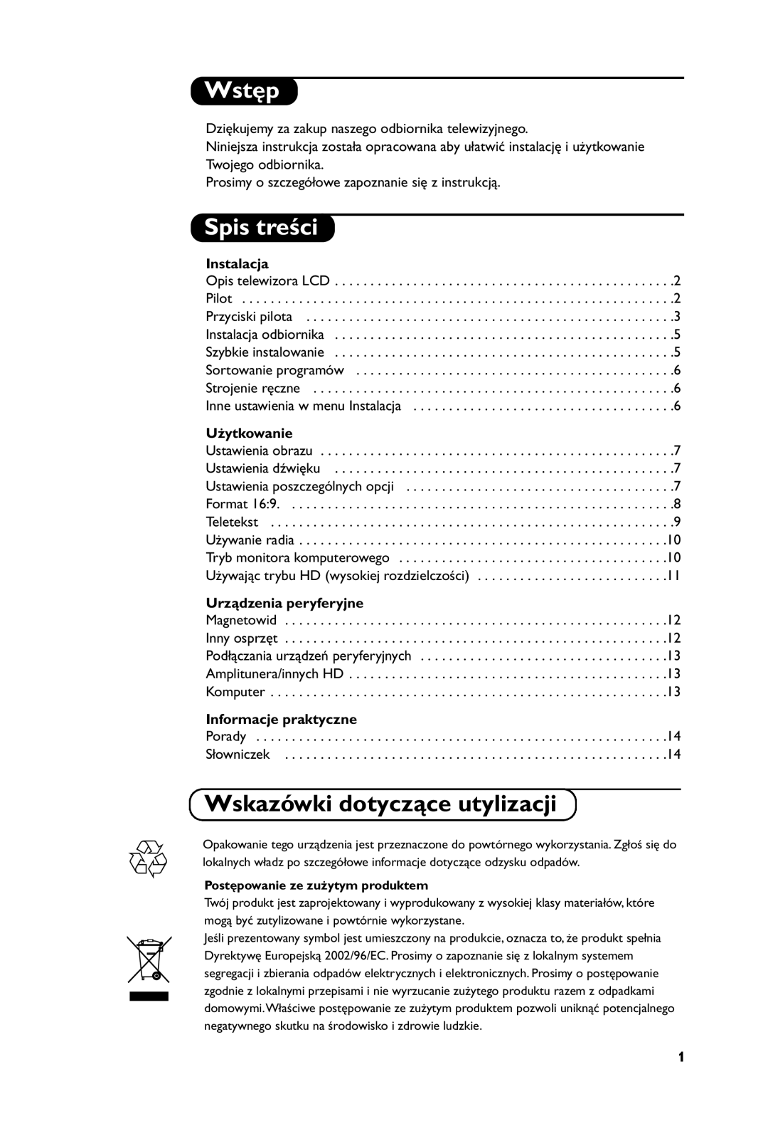 Philips 23PF5121 manual Wstęp, Spis treści 