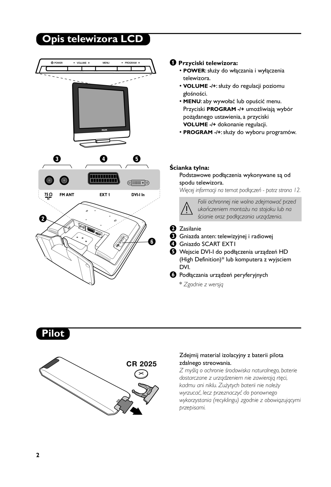 Philips 23PF5121 manual Opis telewizora LCD, Pilot, Przyciski telewizora, Ścianka tylna 