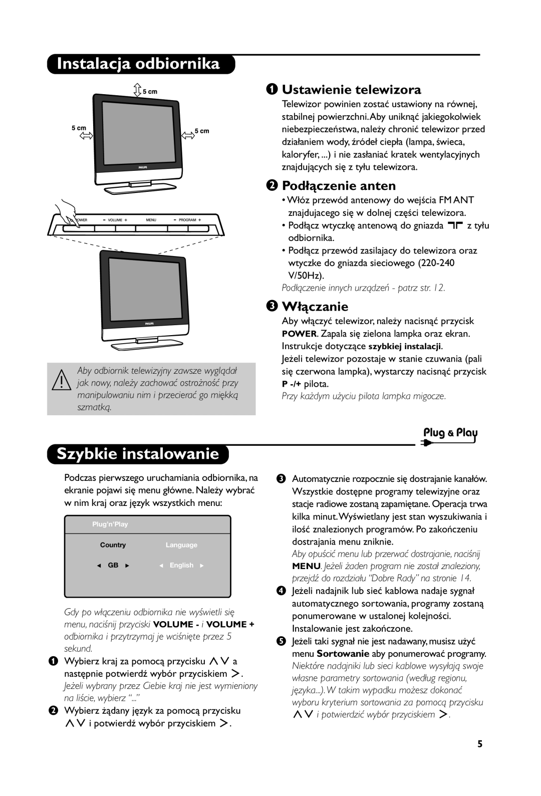Philips 23PF5121 manual Instalacja odbiornika, Szybkie instalowanie, Ustawienie telewizora, Podłączenie anten, Włączanie 