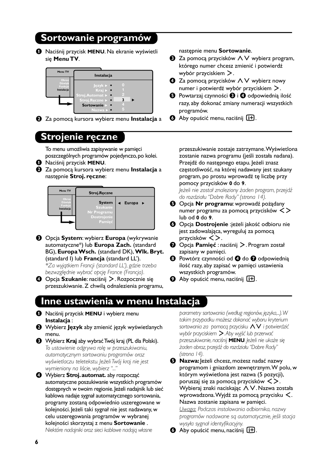 Philips 23PF5121 manual Sortowanie programów, Strojenie ręczne, Inne ustawienia w menu Instalacja 