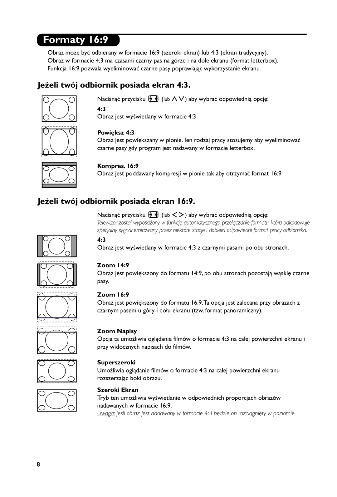 Philips 23PF5121 manual Formaty, Jeżeli twój odbiornik posiada ekran 