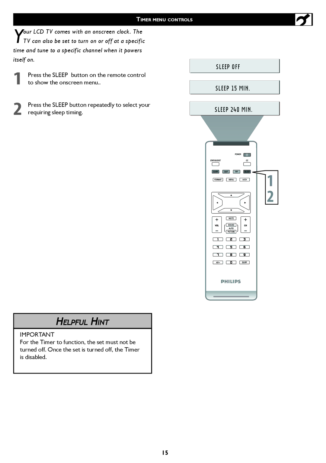 Philips 23PF5320 user manual Sleep OFF Sleep 15 MIN Sleep 240 MIN 