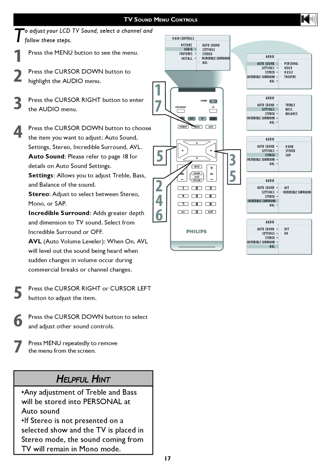 Philips 23PF5320 user manual TV Sound Menu Controls 