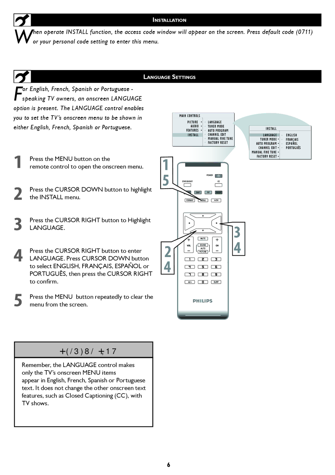 Philips 23PF5320 user manual Or English, French, Spanish or Portuguese, Install menu 