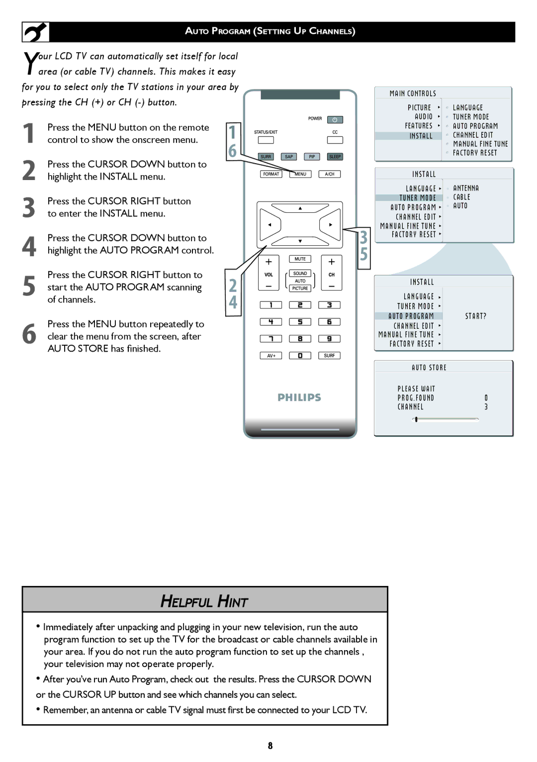 Philips 23PF5320 user manual Pressing the CH + or CH button, Press the Cursor Down button to highlight the Install menu 