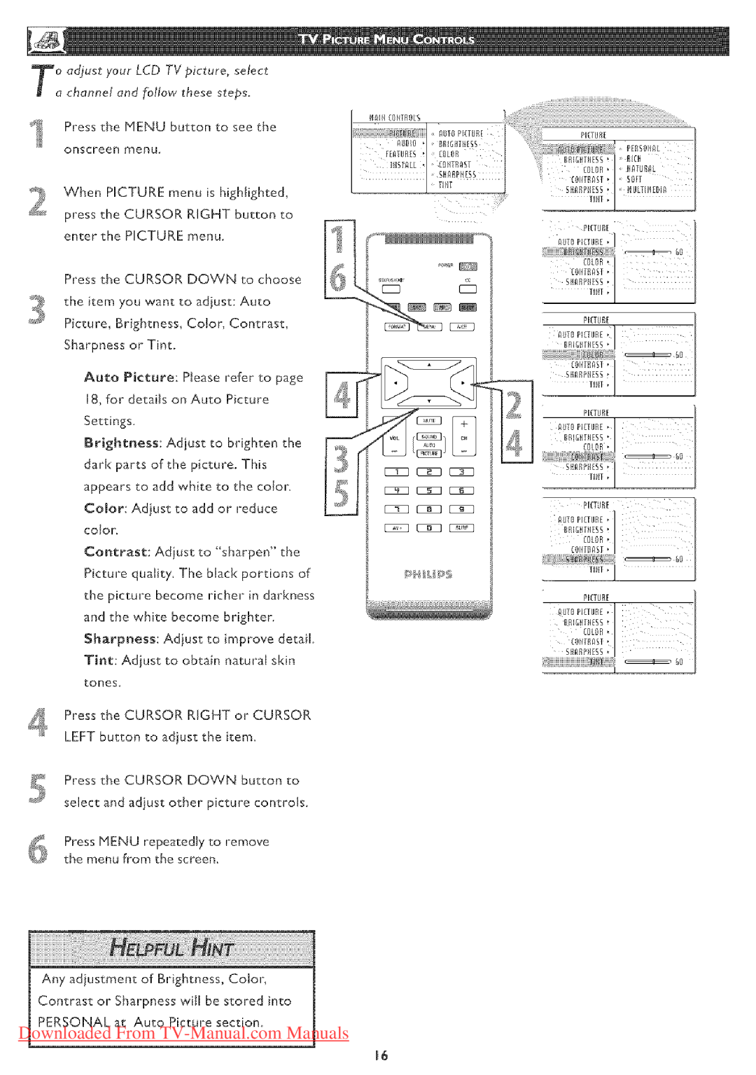 Philips 23PF5320 user manual VVhen Picture menu is highlighted, Press the Cursor Right button to Enter the Picture menu 