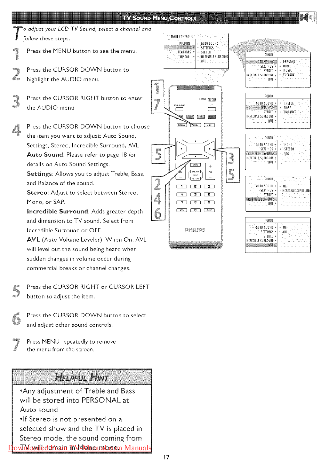 Philips 23PF5320 user manual Press the Cursor Down button to Highlight the Audio menu 