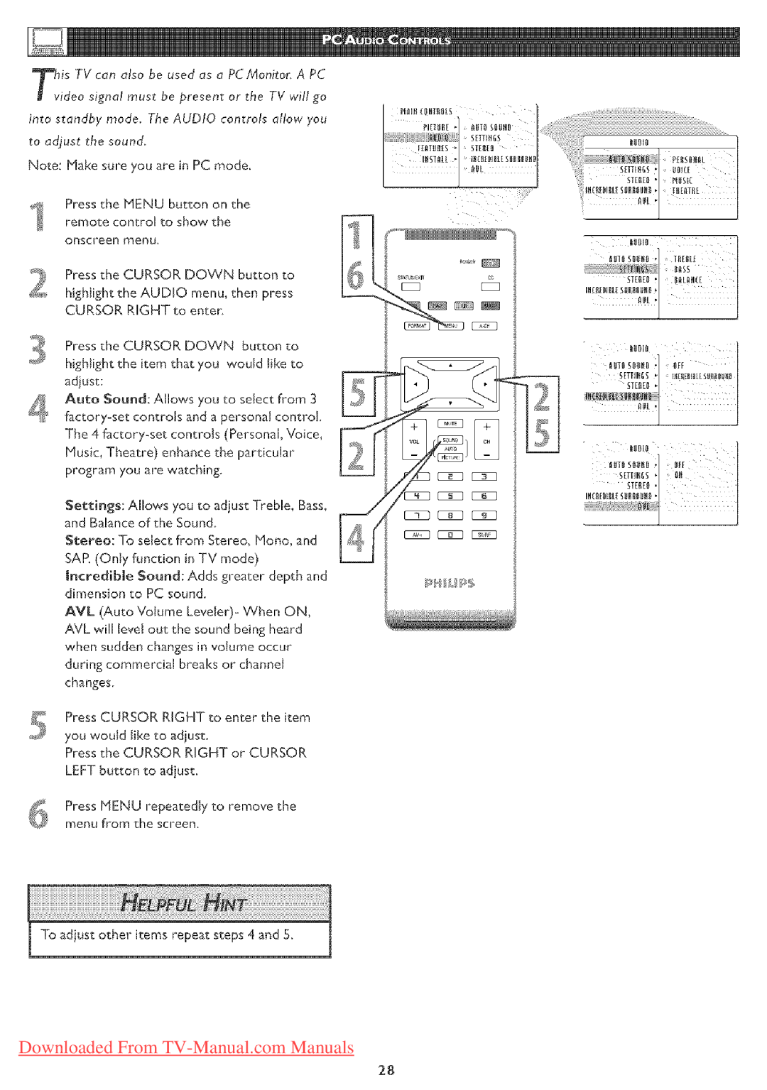 Philips 23PF5320 user manual Press the Menu button on the remote control to show 