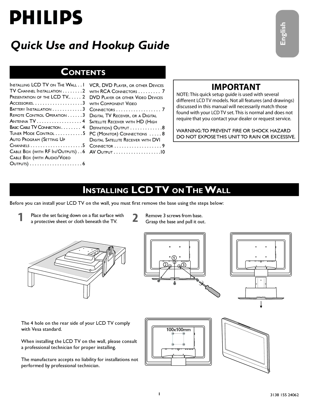 Philips 23PF5320/28 setup guide Contents, Installing LCD TV on the Wall 