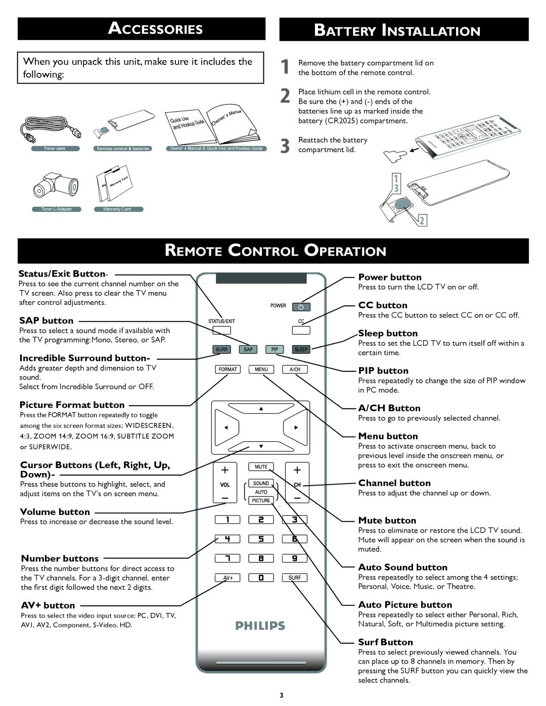 Philips 23PF5320/28 setup guide Accessories Battery Installation, Remote Control Operation 