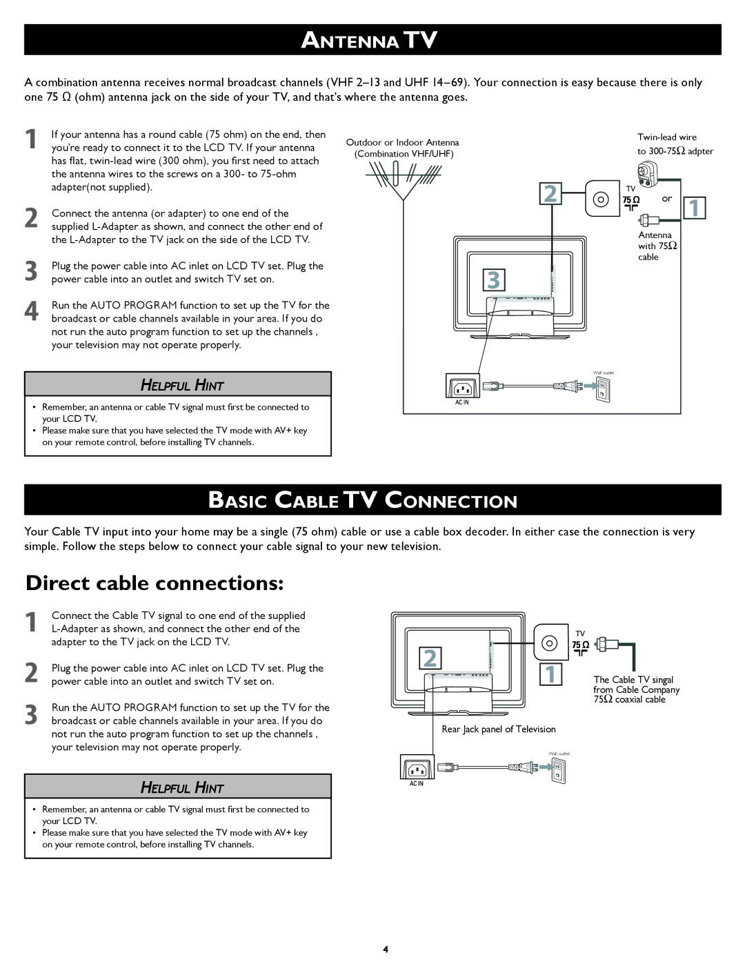 Philips 23PF5320/28 setup guide Antenna TV, Basic Cable TV Connection 