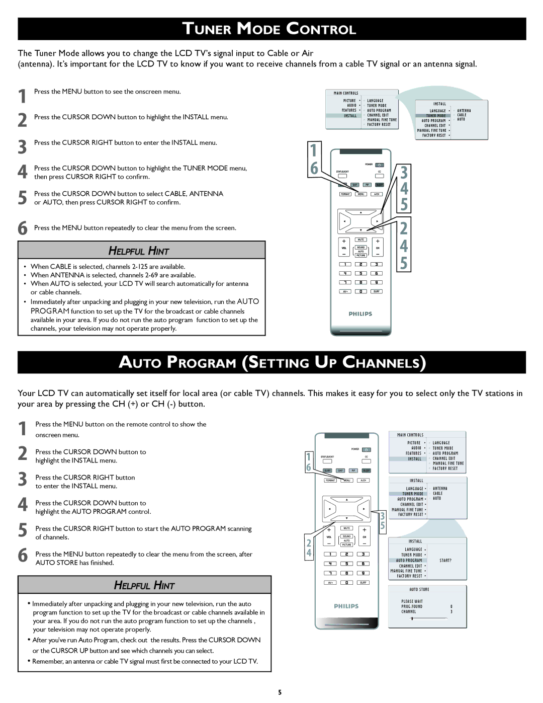 Philips 23PF5320/28 setup guide Tuner Mode Control, Auto Program Setting UP Channels 