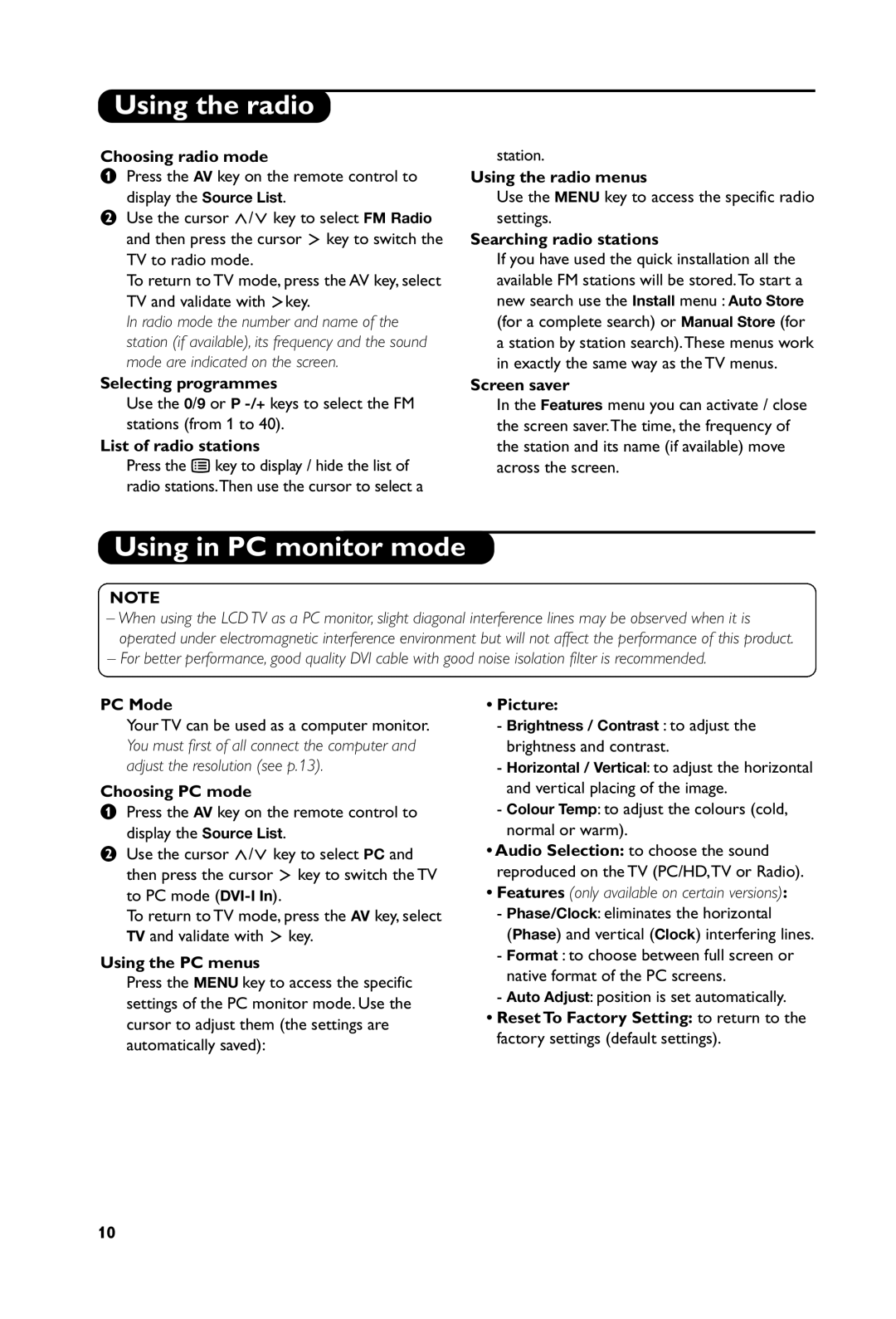 Philips 15PF5121, 23PF5321, 20PF5121 manual Using the radio, Using in PC monitor mode 