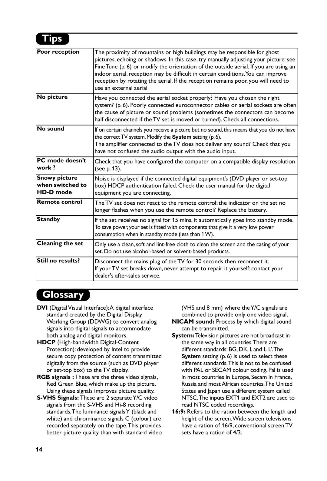 Philips 23PF5321, 20PF5121, 15PF5121 manual Tips, Glossary 