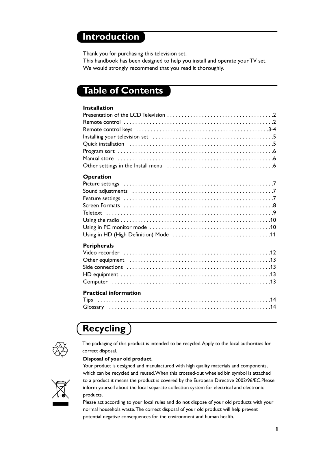 Philips 15PF5121, 23PF5321, 20PF5121 manual Introduction, Table of Contents 