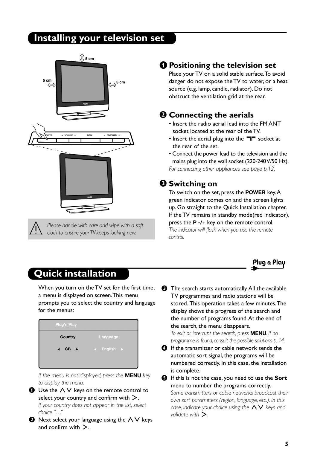 Philips 23PF5321 manual Installing your television set, Quick installation, Positioning the television set, Switching on 