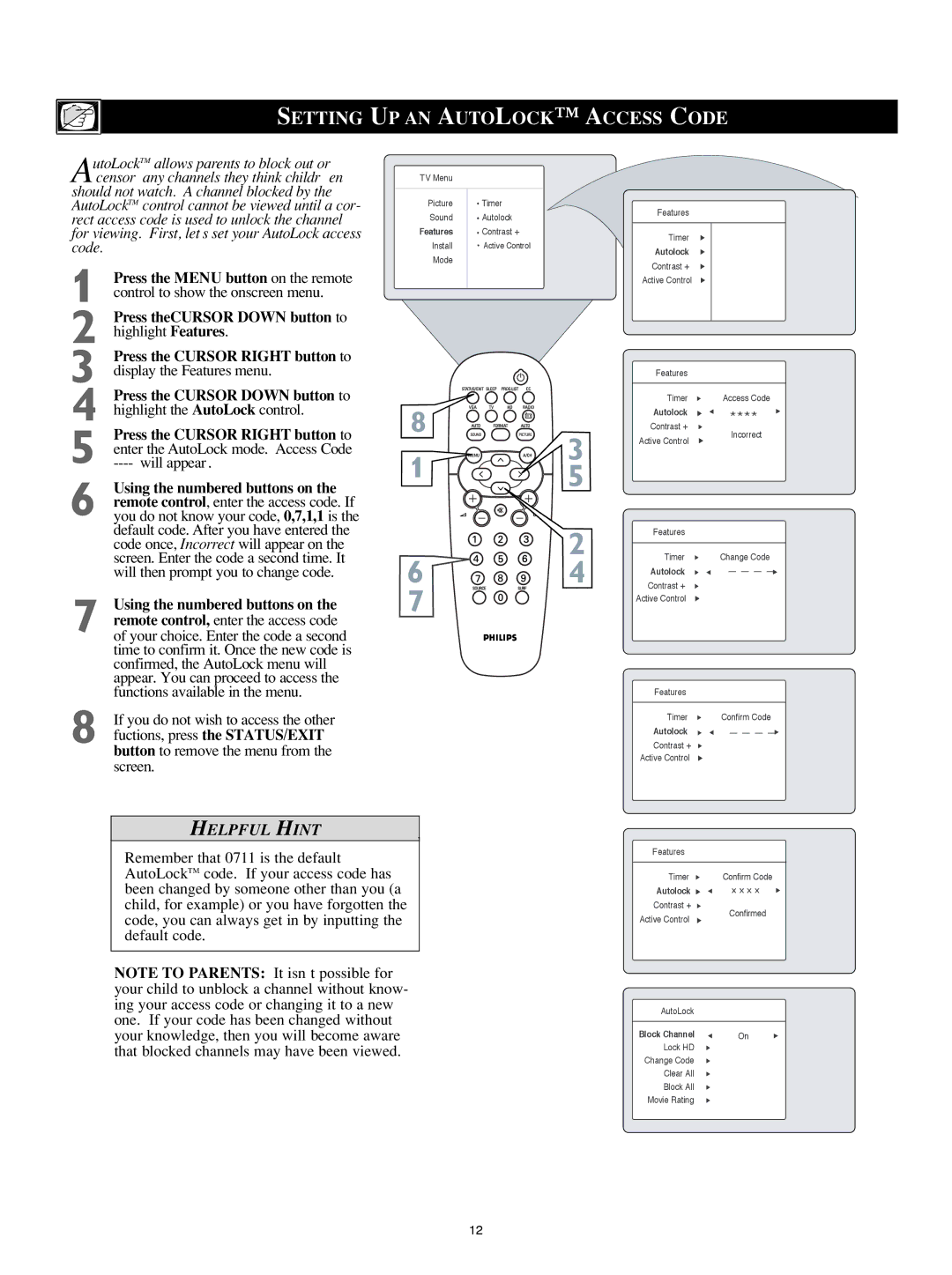 Philips 23PF8946/37, 20PF8946/37, 17PF8946/37, 15PF8946/37 user manual Setting UP AN Autolock Access Code 