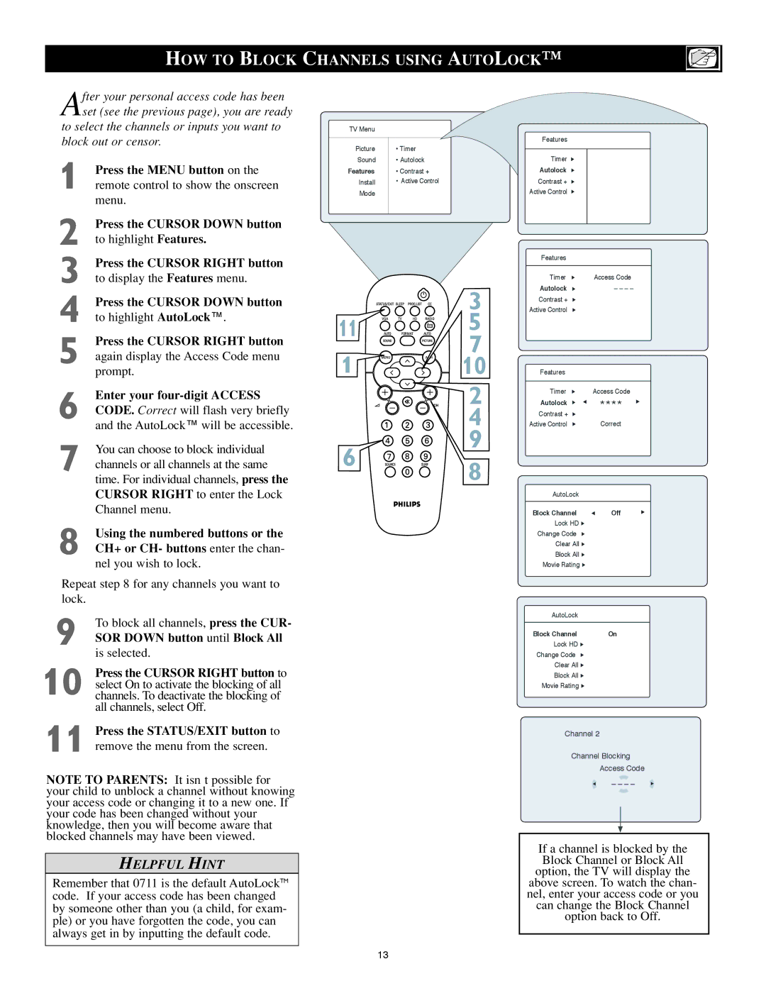 Philips 20PF8946/37, 23PF8946/37, 17PF8946/37, 15PF8946/37 user manual HOW to Block Channels Using Autolock 