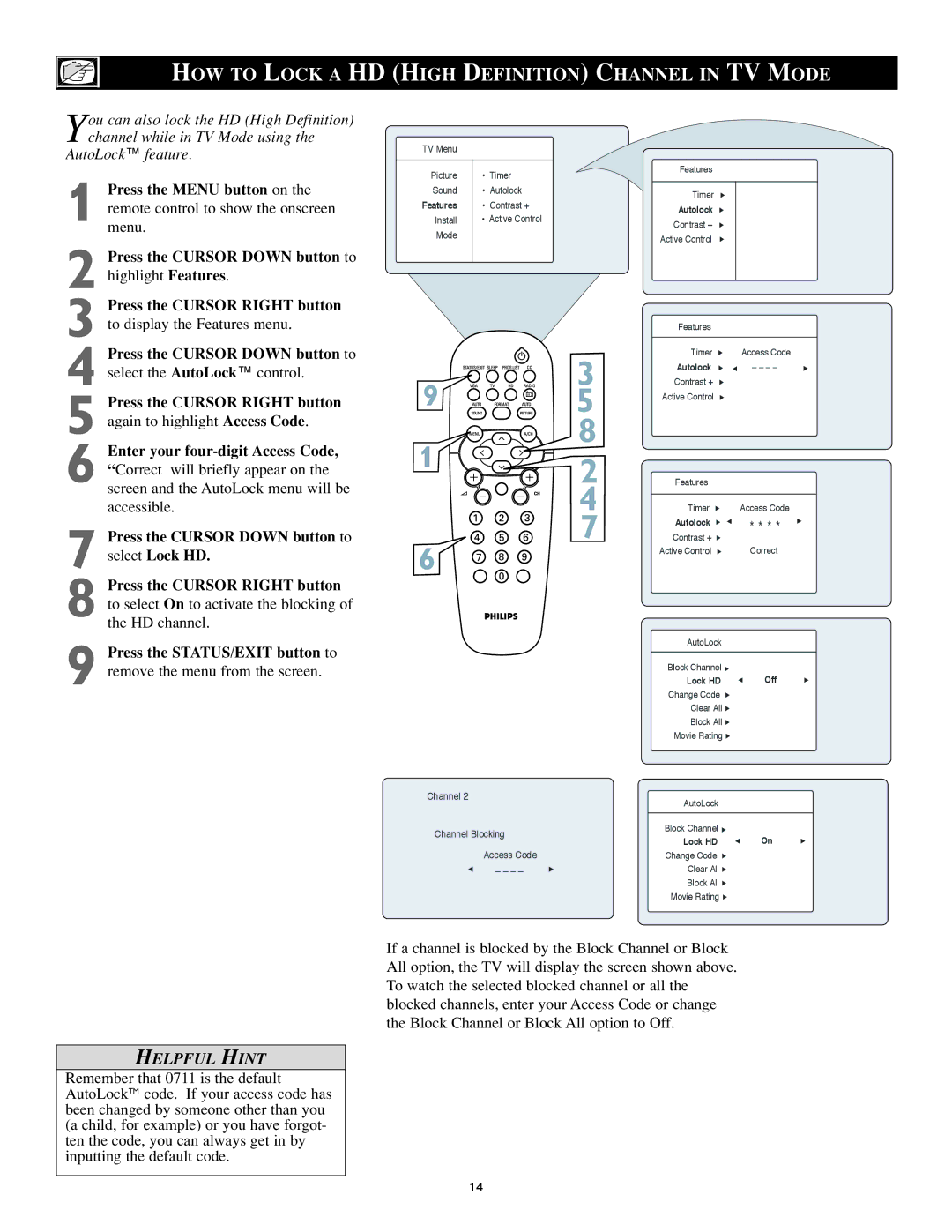 Philips 17PF8946/37, 23PF8946/37, 20PF8946/37, 15PF8946/37 user manual HOW to Lock a HD High Definition Channel in TV Mode 