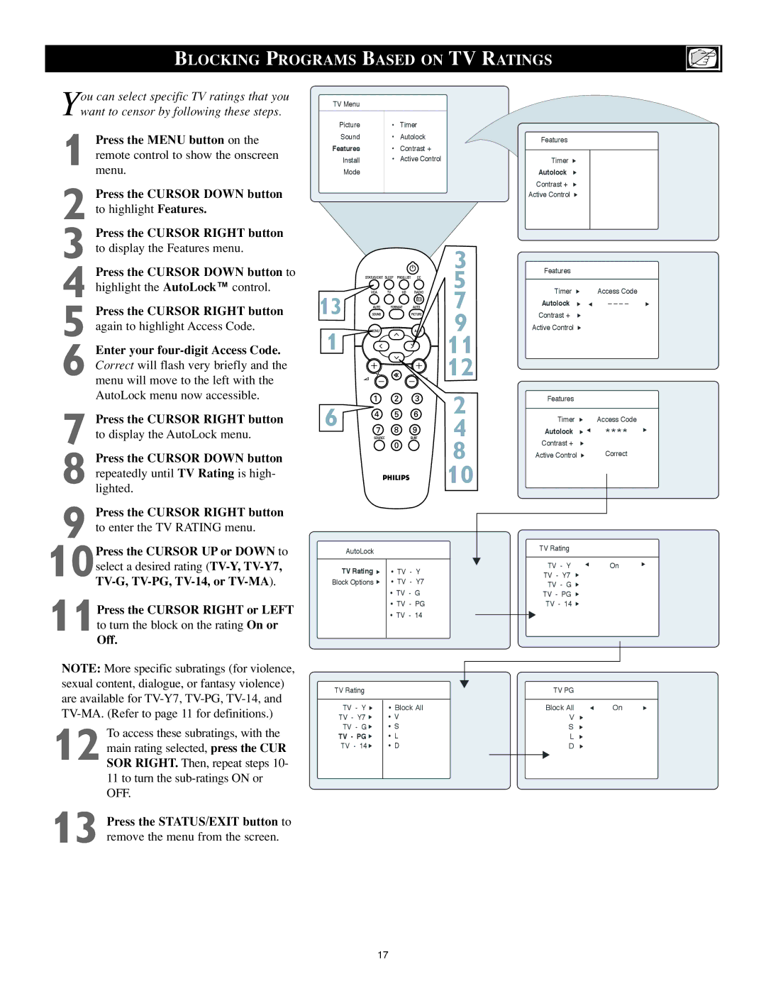 Philips 20PF8946/37, 23PF8946/37, 17PF8946/37, 15PF8946/37 user manual Blocking Programs Based on TV Ratings 