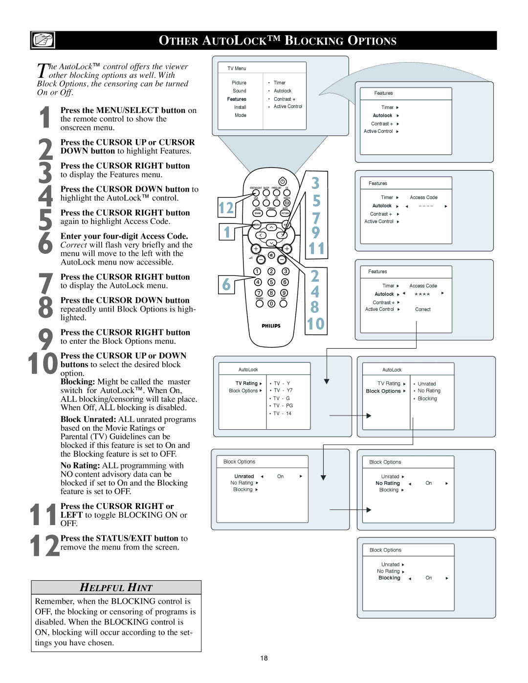 Philips 17PF8946/37, 23PF8946/37, 20PF8946/37, 15PF8946/37 Other Autolock Blocking Options, Press the Cursor Right or 