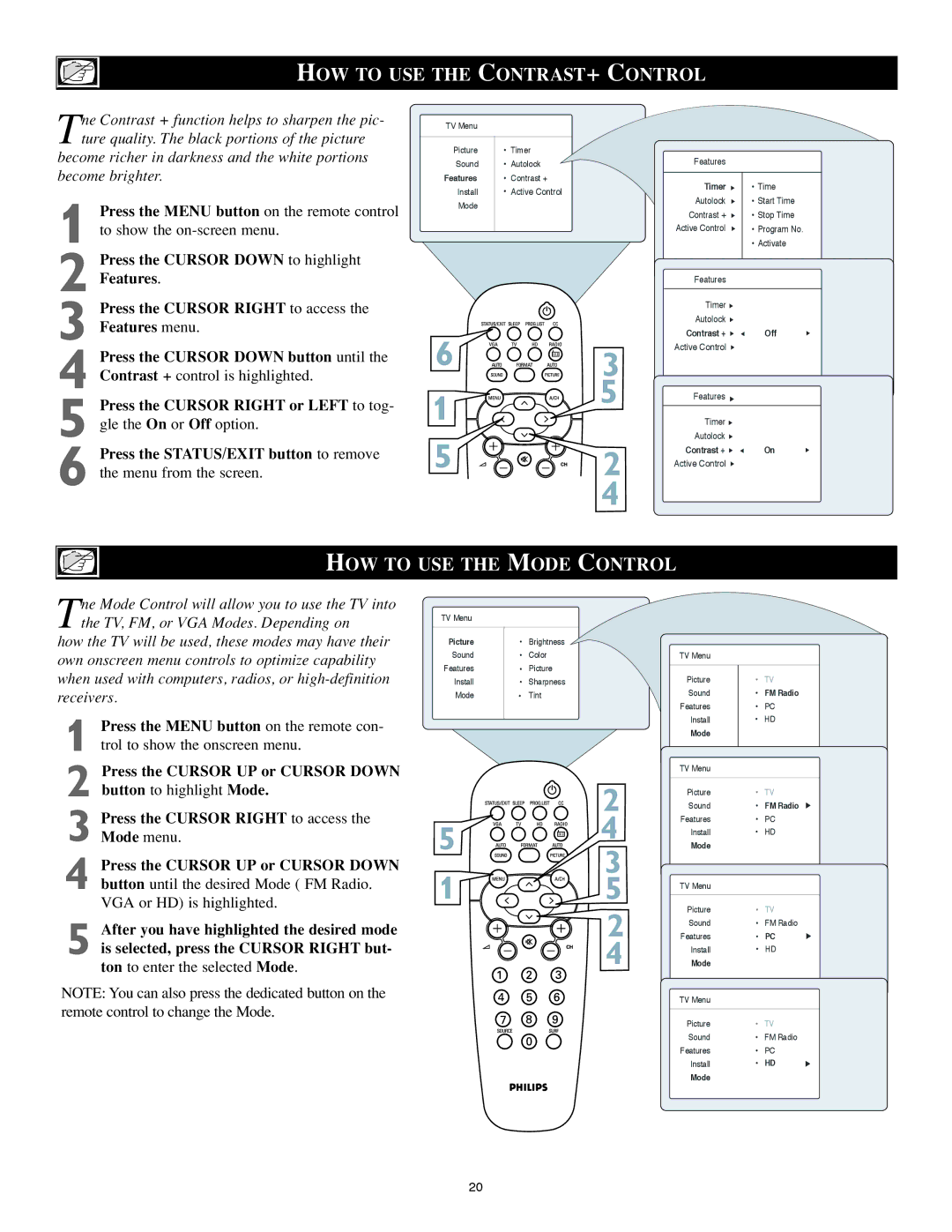 Philips 23PF8946/37, 20PF8946/37, 17PF8946/37, 15PF8946/37 HOW to USE the CONTRAST+ Control, To USE the Mode Control 