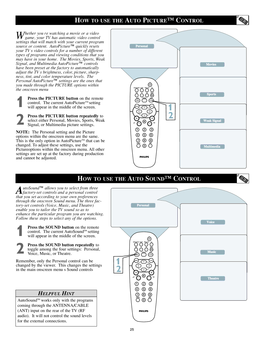 Philips 20PF8946/37, 23PF8946/37, 17PF8946/37 HOW to USE the Auto Picture Control, HOW to USE the Auto Sound Control 