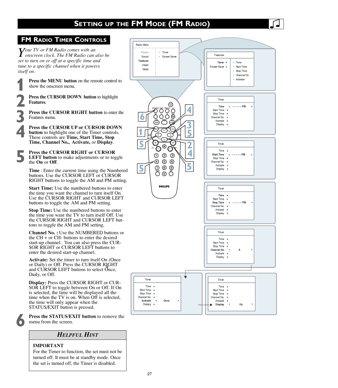 Philips 15PF8946/37, 23PF8946/37, 20PF8946/37, 17PF8946/37 user manual FM Radio Timer Controls 