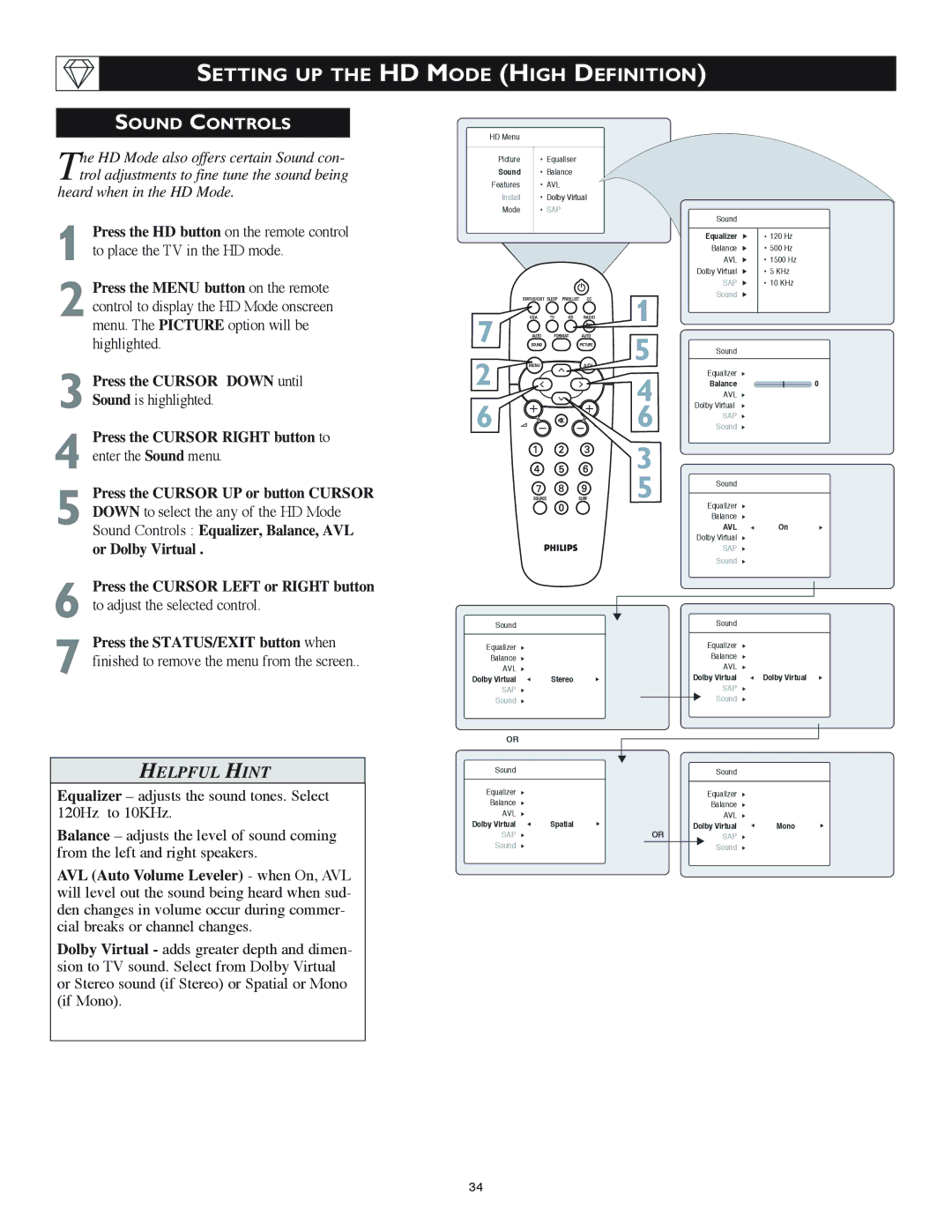 Philips 17PF8946/37, 23PF8946/37 Sound Controls, Press the Cursor UP or button Cursor, Press the STATUS/EXIT button when 