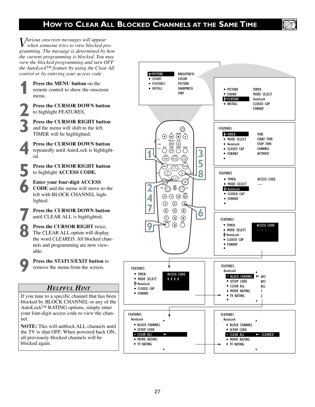 Philips 23PF9945/37B warranty HOW to Clear ALL Blocked Channels AT the Same Time, Block Options 