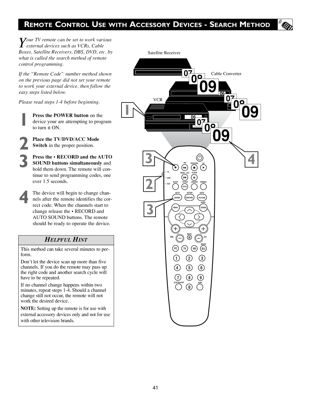 Philips 23PF9945/37B warranty 0809, Remote Control USE with Accessory Devices Search Method 