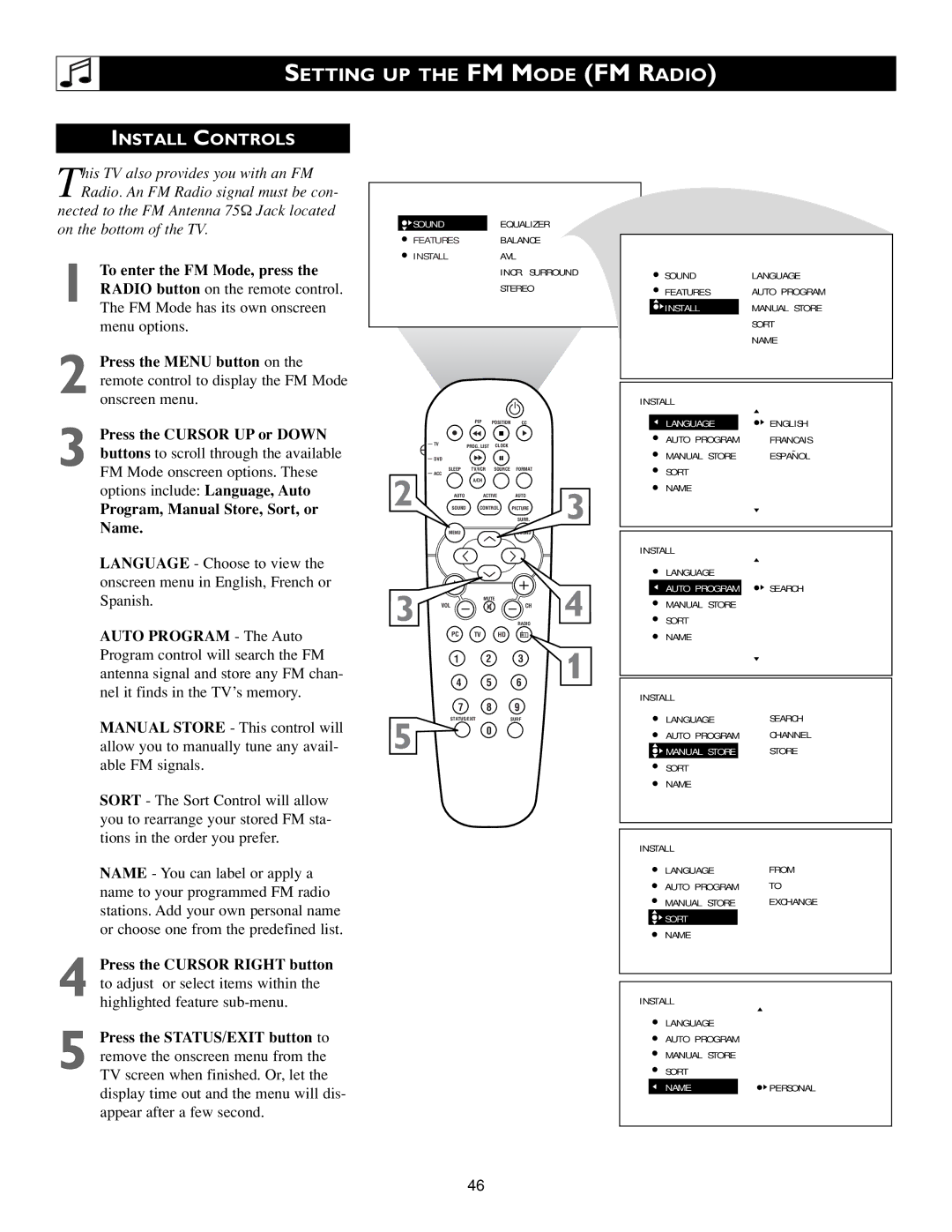 Philips 23PF9945/37B warranty Setting UP the FM Mode FM Radio, Install Controls 