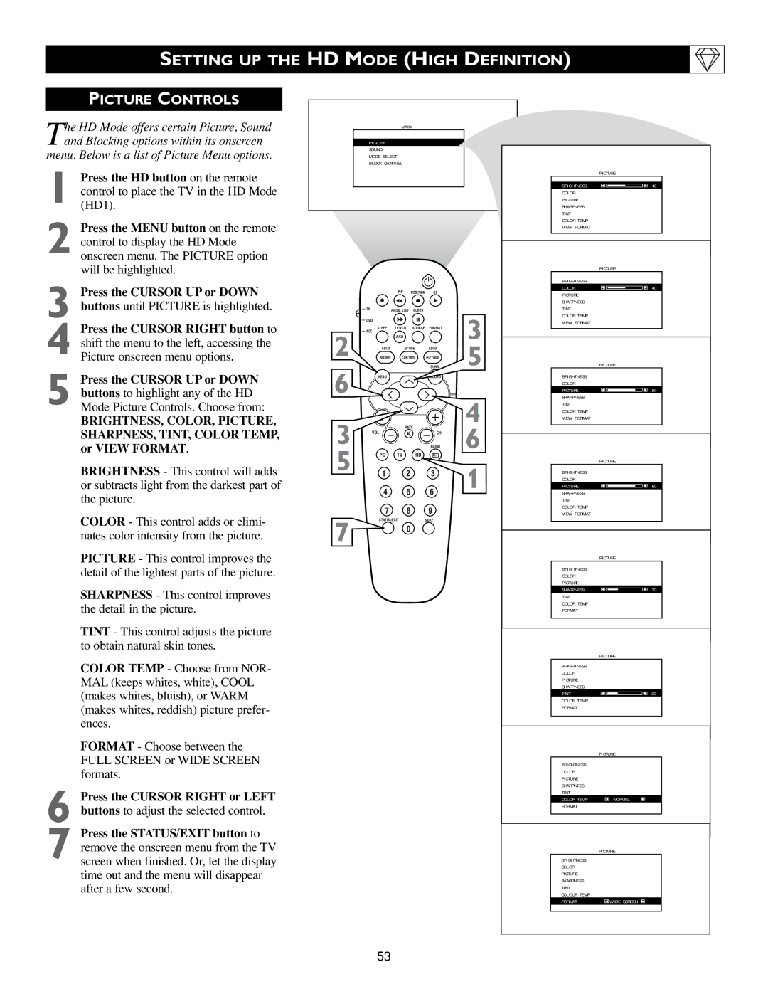 Philips 23PF9945/37B warranty Setting UP the HD Mode High Definition, Picture Controls 