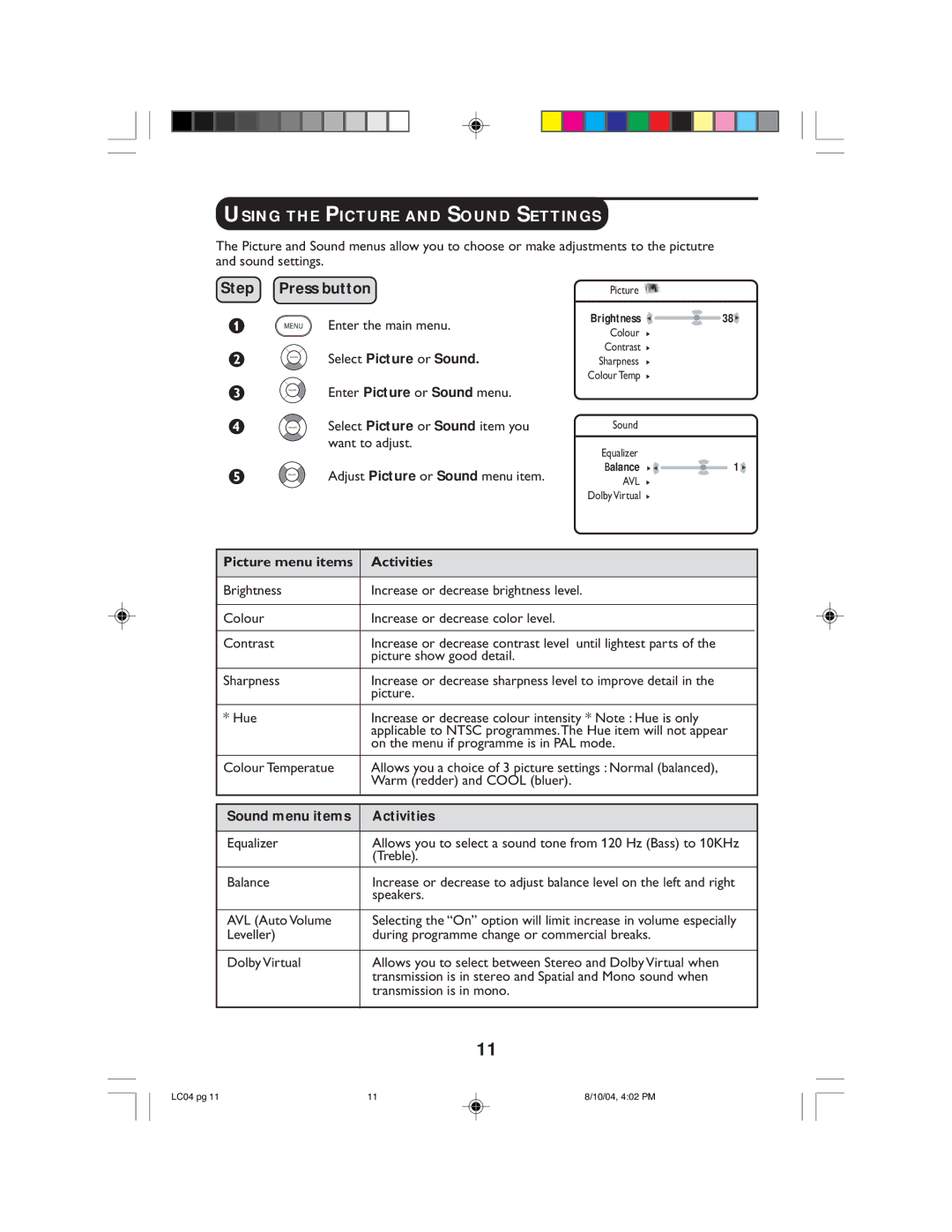 Philips 26PF9956, 23PF9946 Using the Picture and Sound Settings, Select Picture or Sound, Picture menu items Activities 