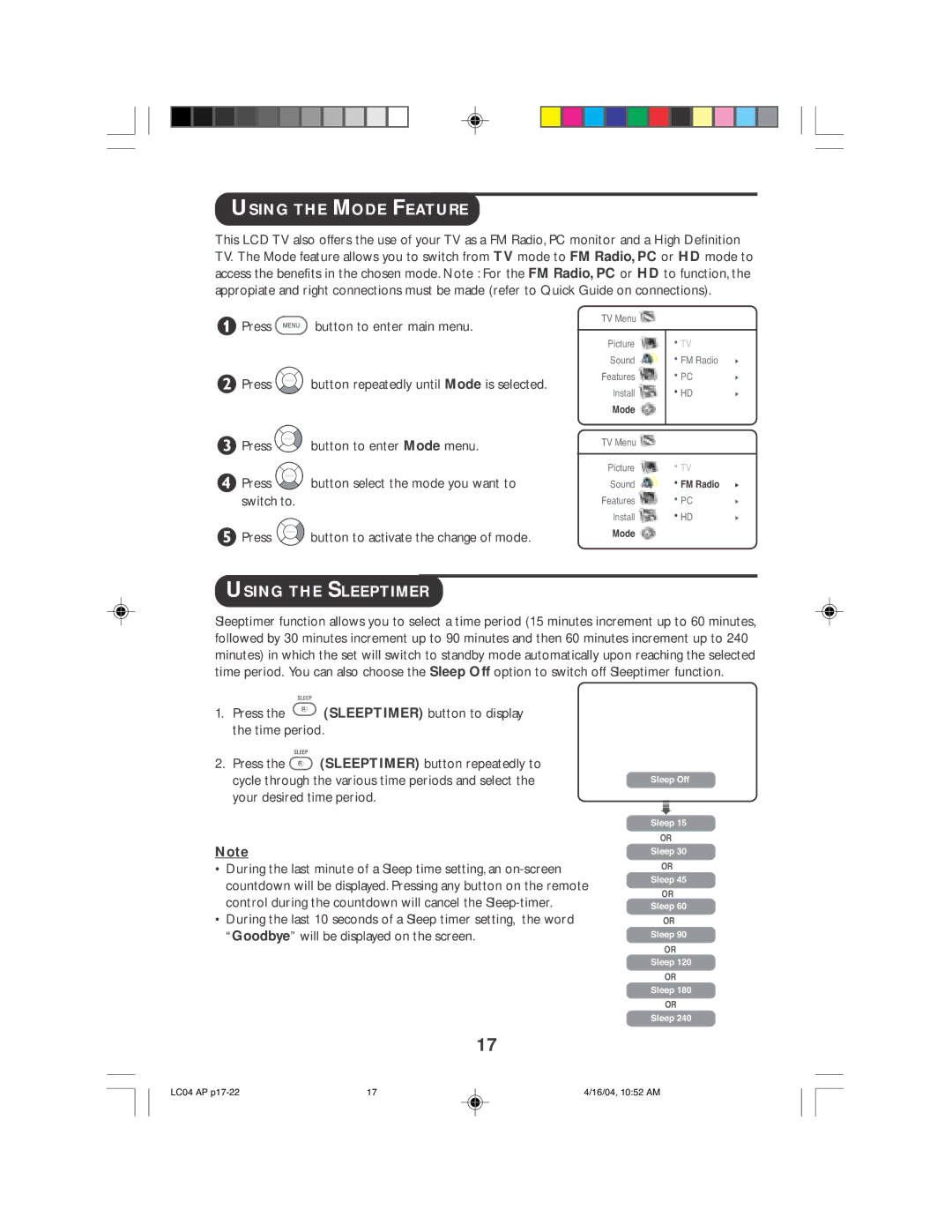 Philips 23PF9956, 23PF9946, 26PF9946, 26PF9956 operating instructions Using the Mode Feature, Using the Sleeptimer 